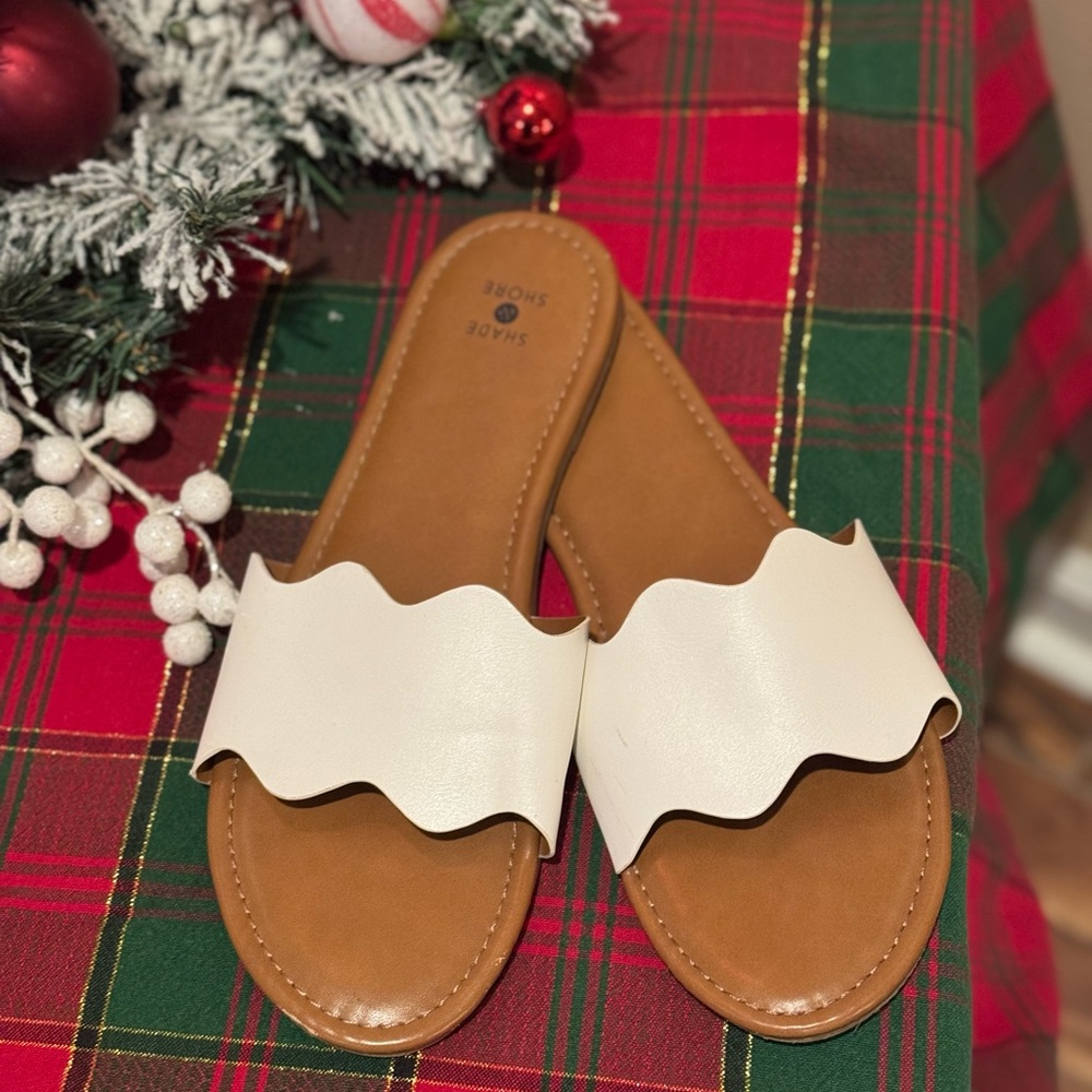 Elegant White and Tan Slide Sandals